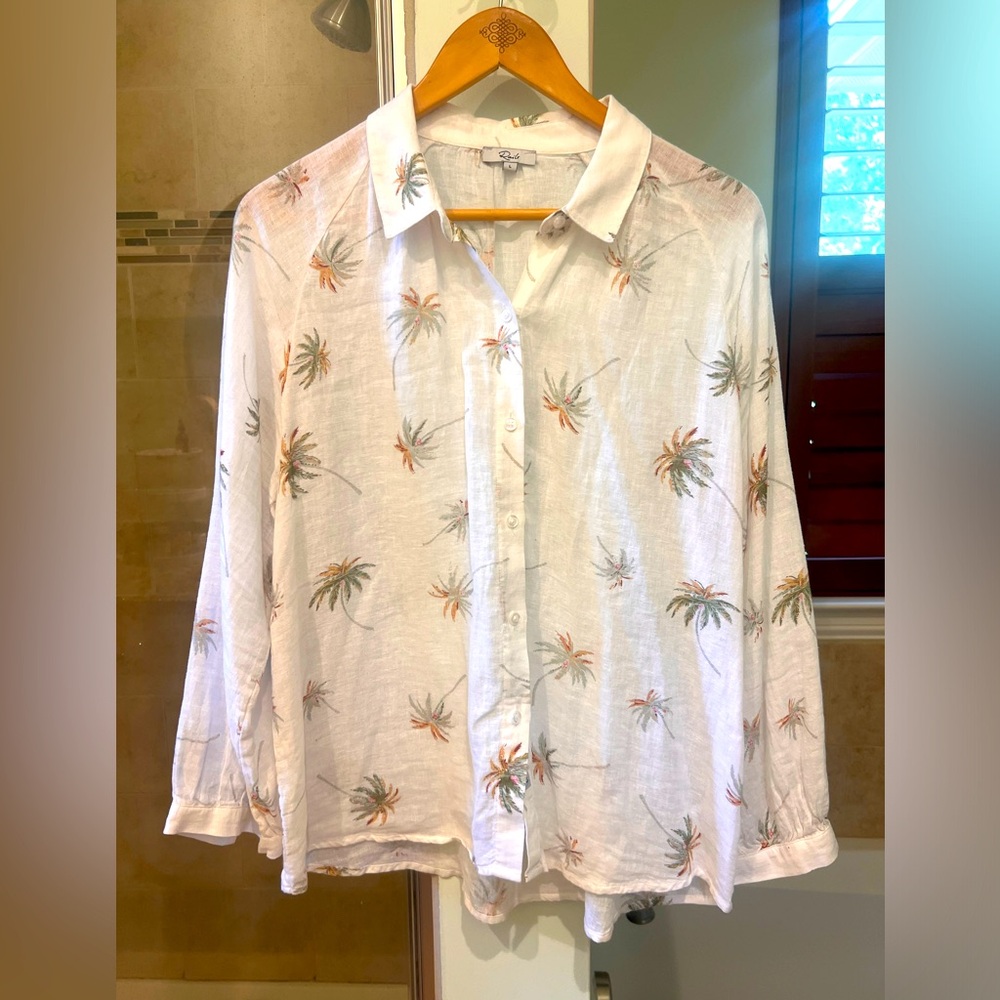 Women’s White Palm-Print Button-Up Shirt